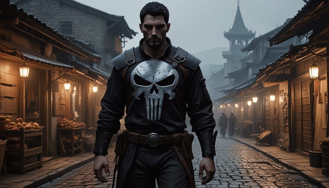 Dark Fantasy Punisher Walks Medieval Village Under Full Moon