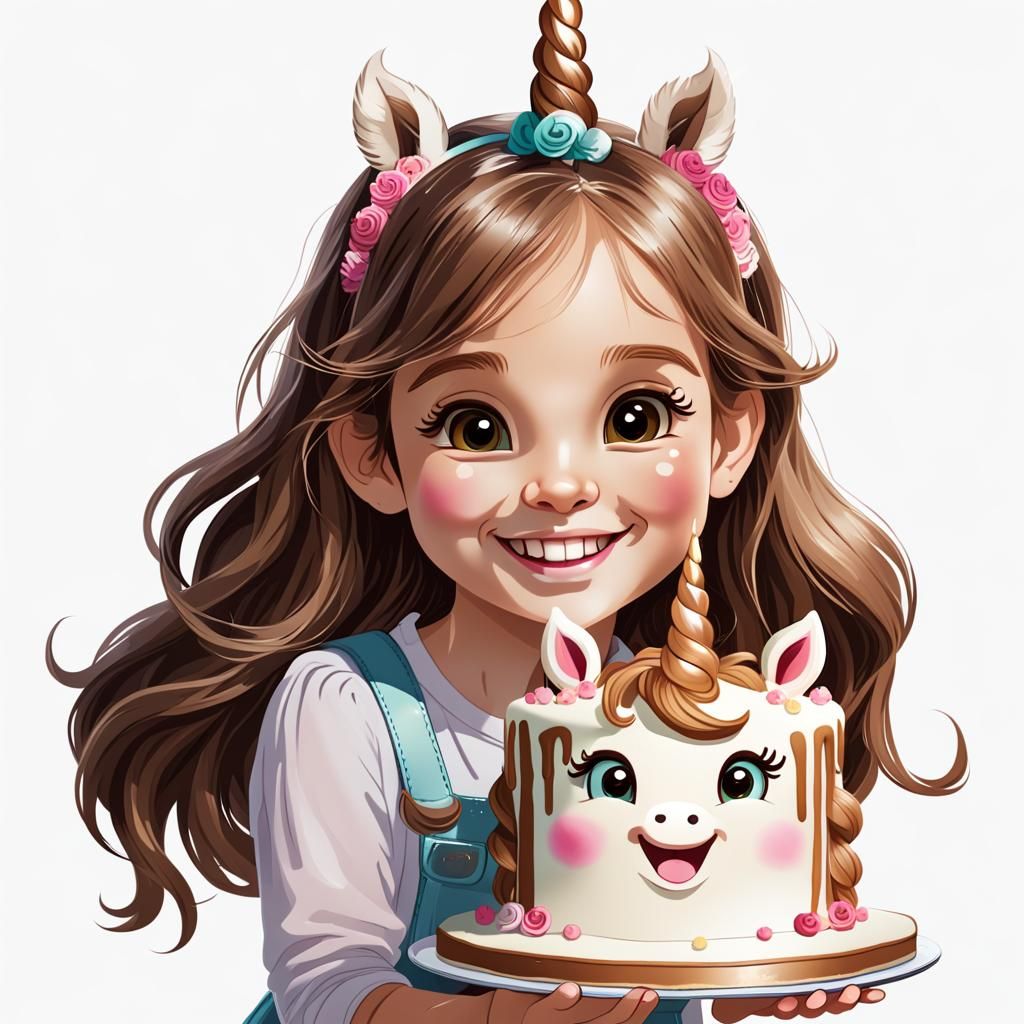 Smiling Girl Holding Unicorn Cake Illustration
