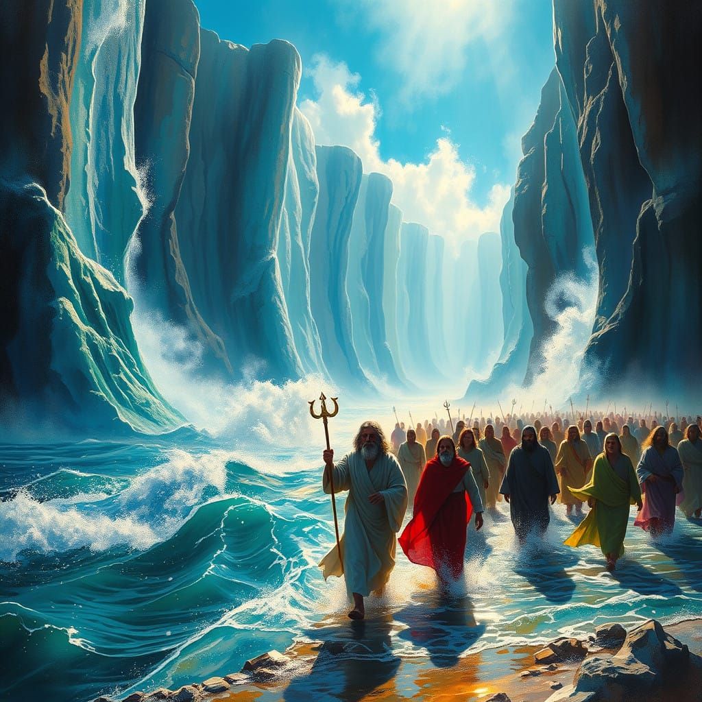 Dramatic Biblical Scene of Israelites Crossing the Parted Re...