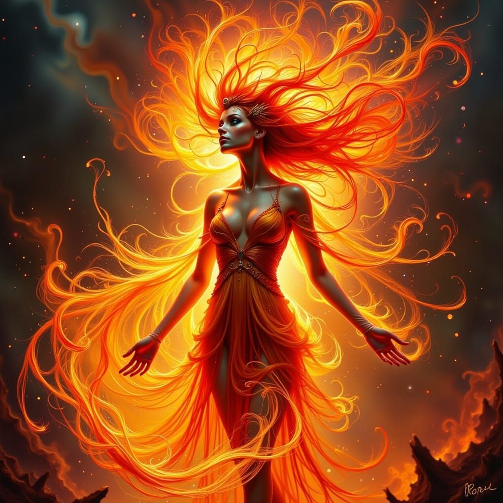 Cyberpunk Fire Elemental in Dark, Smoldering Landscape