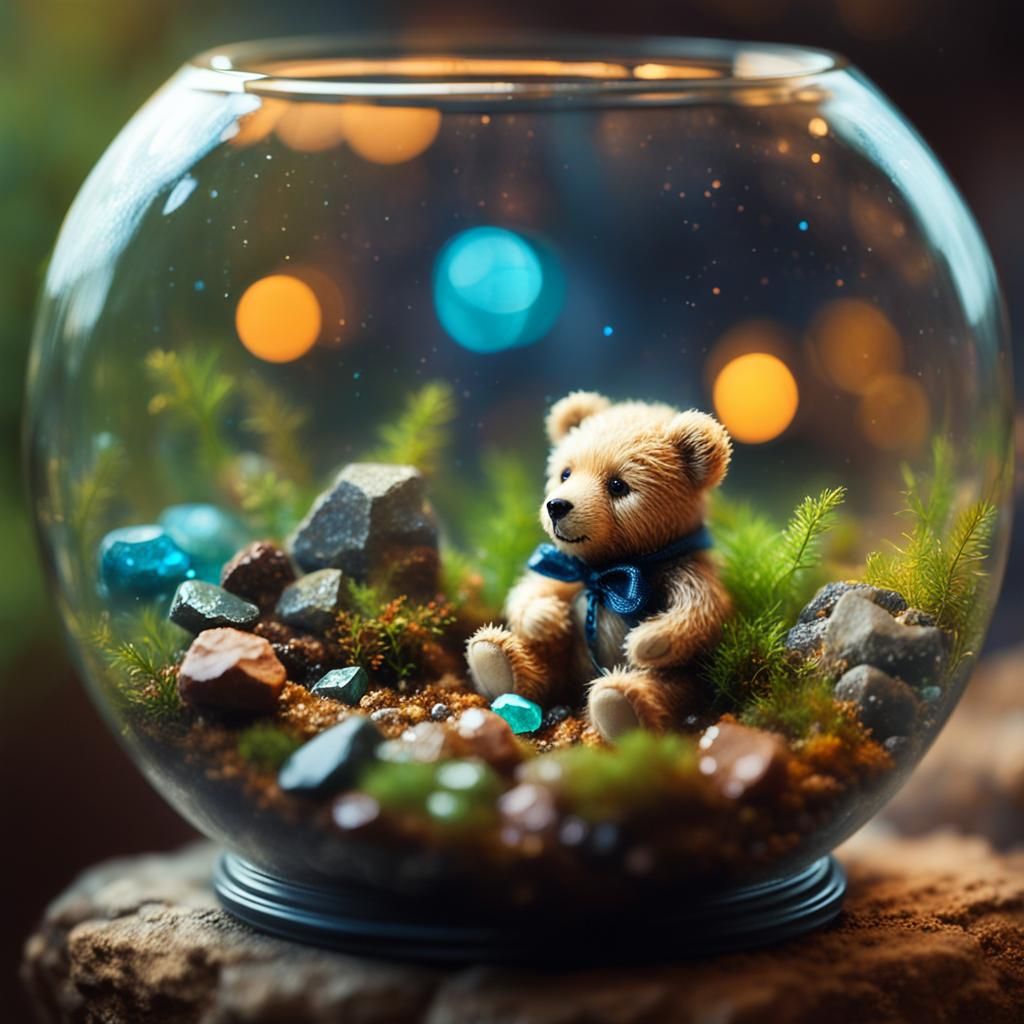 Teddy Bear in Terrarium, Tilt-Shift Illustration