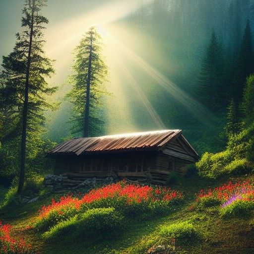 Mountain Hut in Spring Forest with God Rays