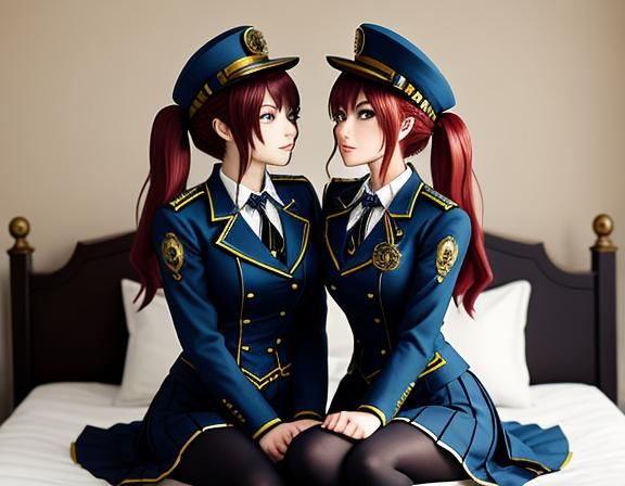 Steampunk Anime Twins Kissing in Bedroom