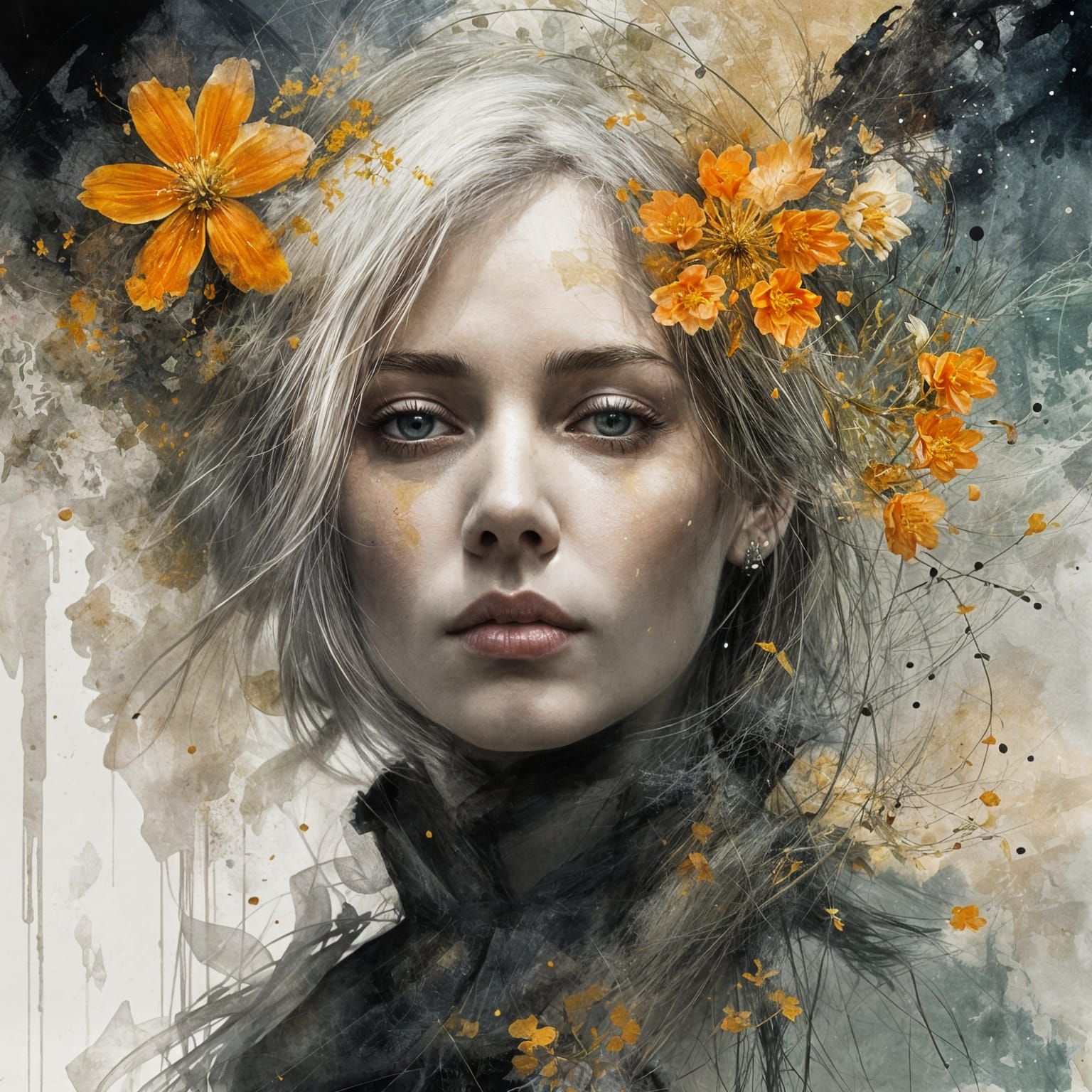 Ethereal Woman with Silver Hair and Flowers