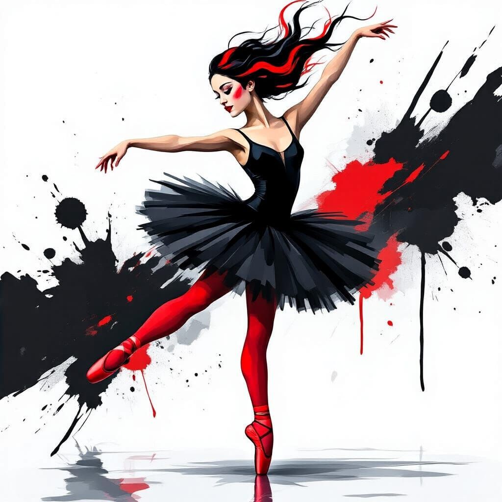 Cubist Ballerina in Dynamic Pose with Red Accents