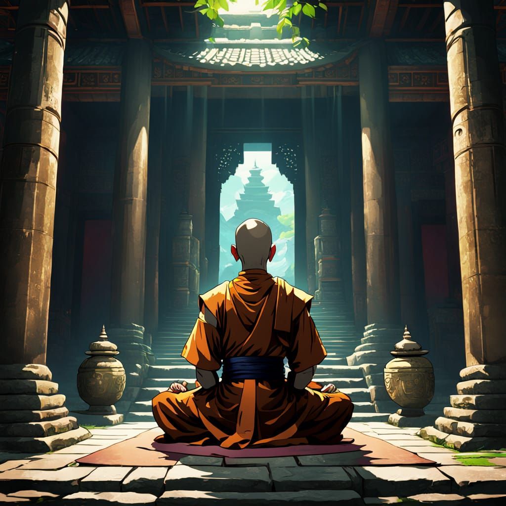 Ethereal Monk in Ancient Temple Sanctuary
