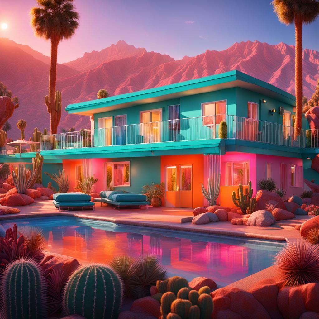 Luxury Palm Springs Motel with Resort Pool in Detailed Matte...