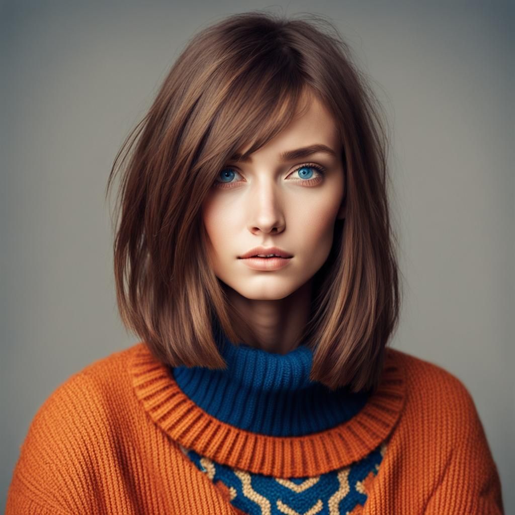 Beautiful Girl with Brown Bob and Orange Sweater
