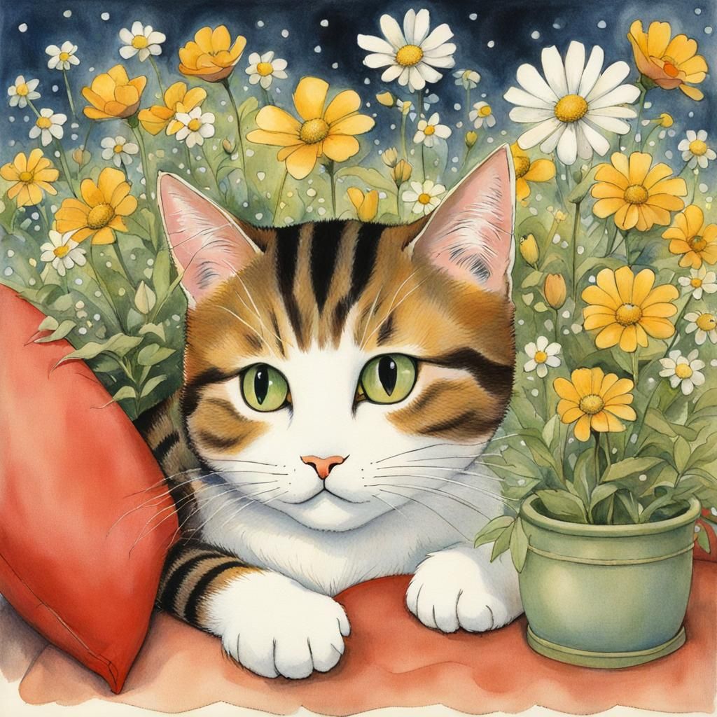 Cute Cat Surrounded by Flowers in Children's Book Style