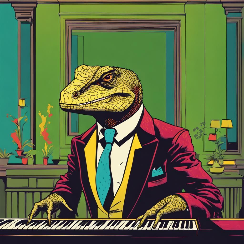 Lizardman Plays Piano in Pop Art Style