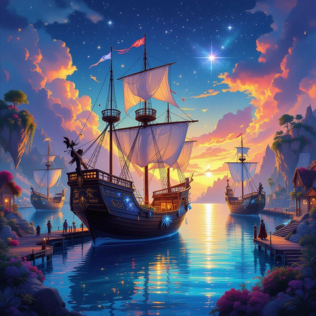Fantastical Crystal Harbor with Starlight Ship