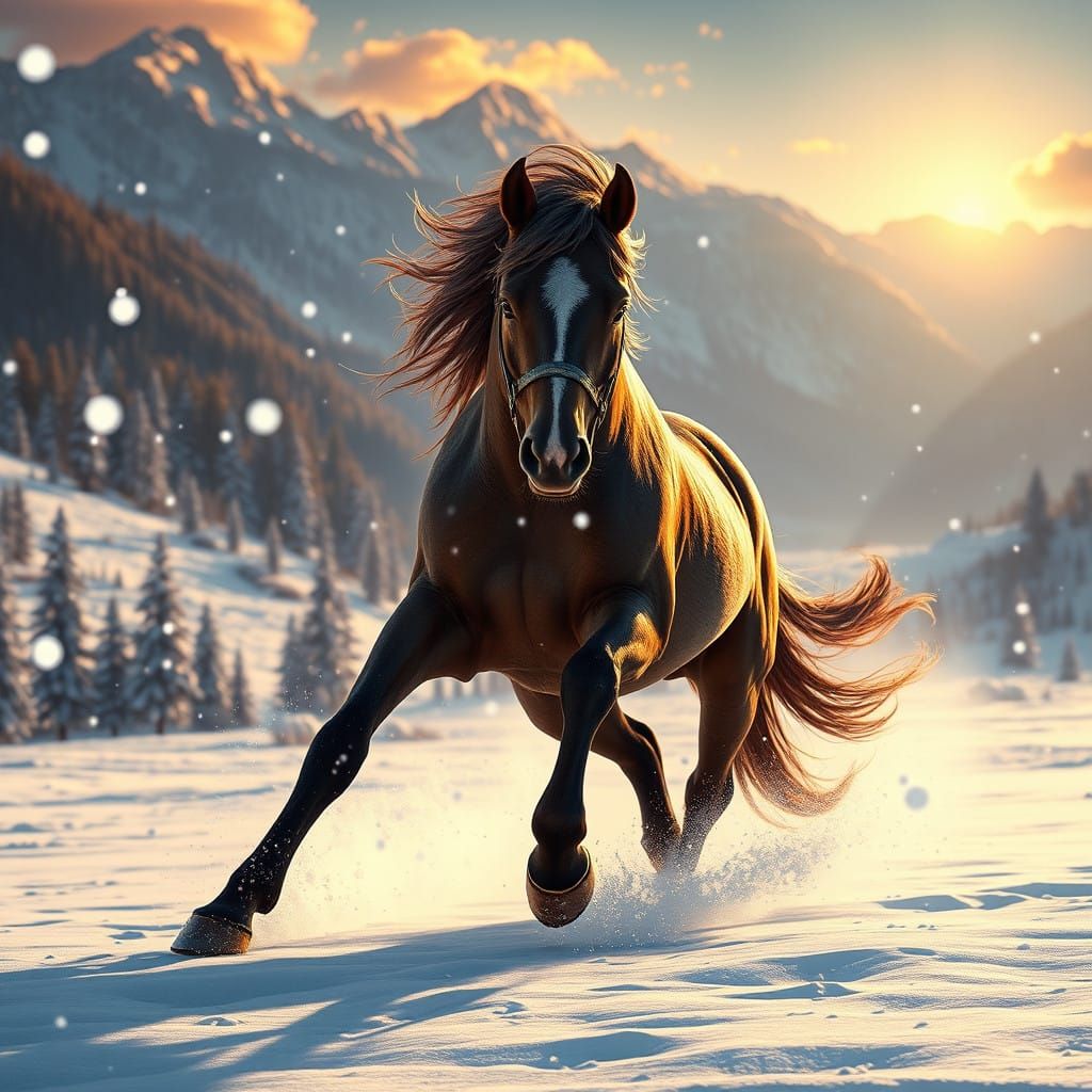 Majestic Horse Charges into Winter Wonderland