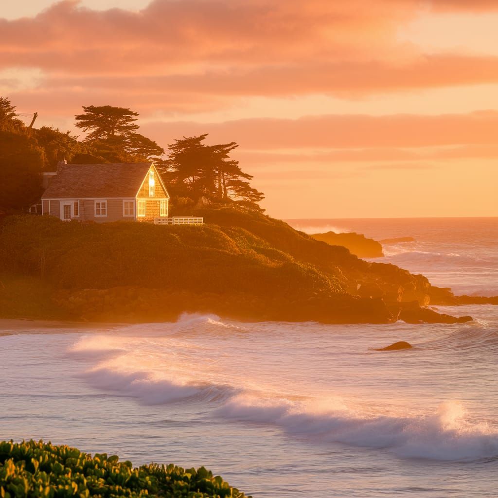 Coastal Cottage at Sunrise: A Tranquil Ocean Scene