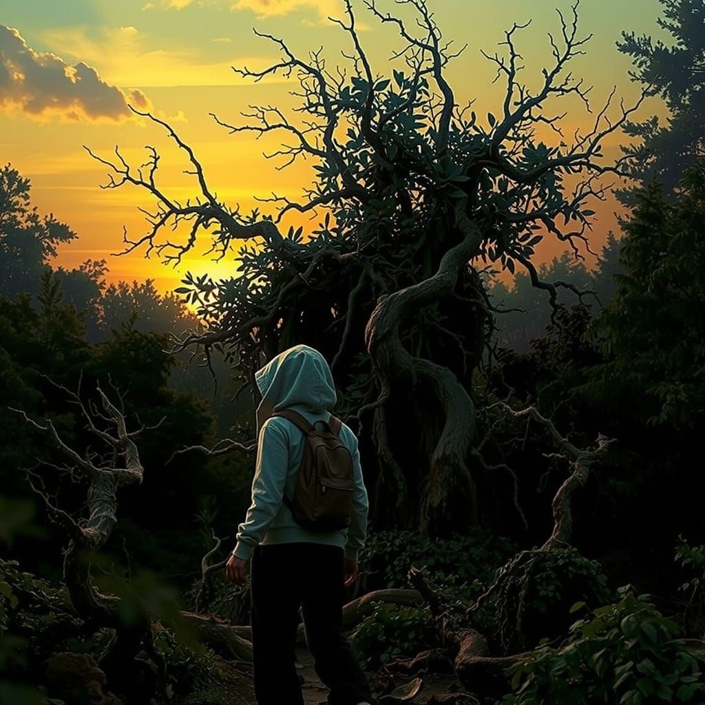 Figure Walks Through Forest at Dusk