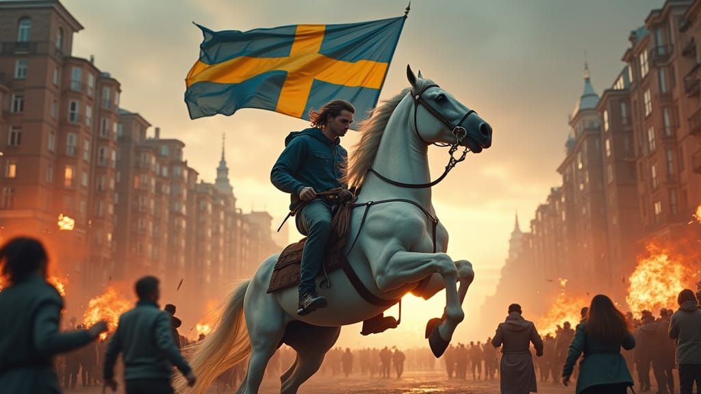 Apocalyptic Rider Wielding Swedish Flag in Fiery Stockholm
