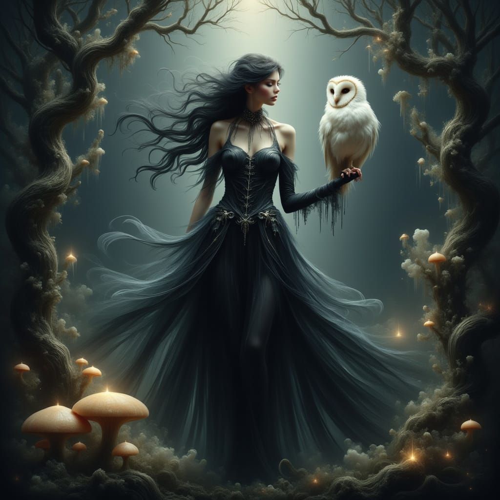 Mysterious Mage with Owl in Moonlit Forest