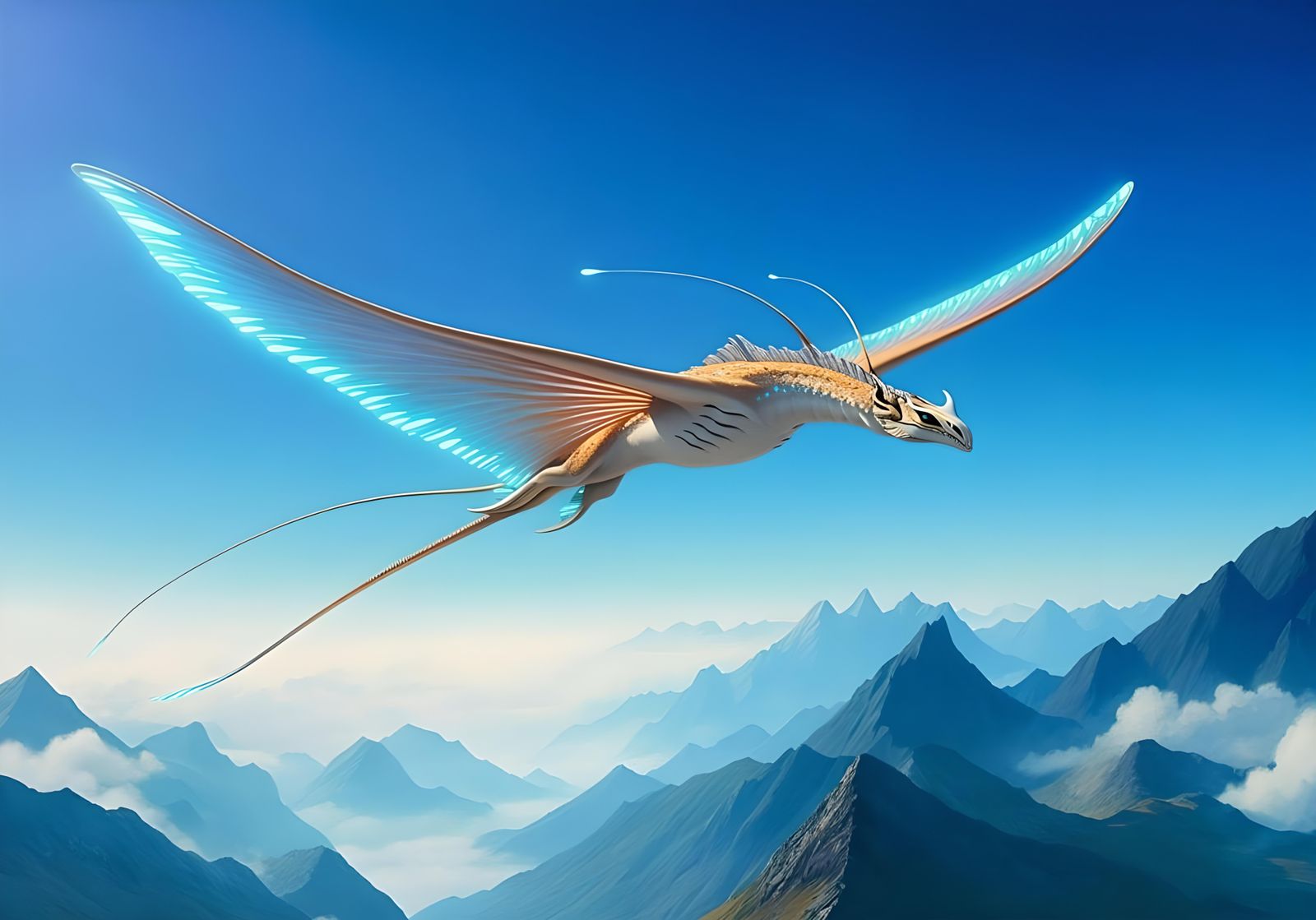 Bioluminescent Manta Ray Soaring Through Mountain Peaks