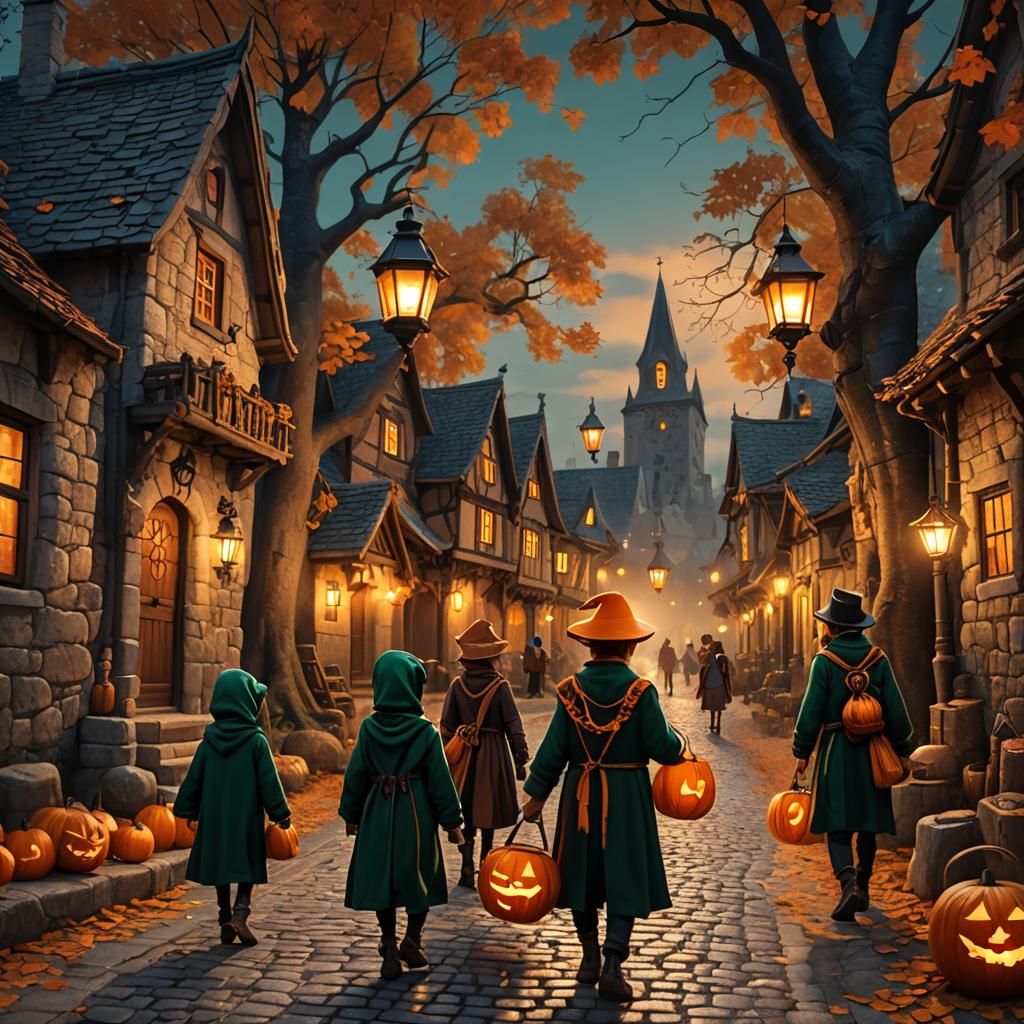 Kids Trick-or-Treating in Old Village, Fantasy Art