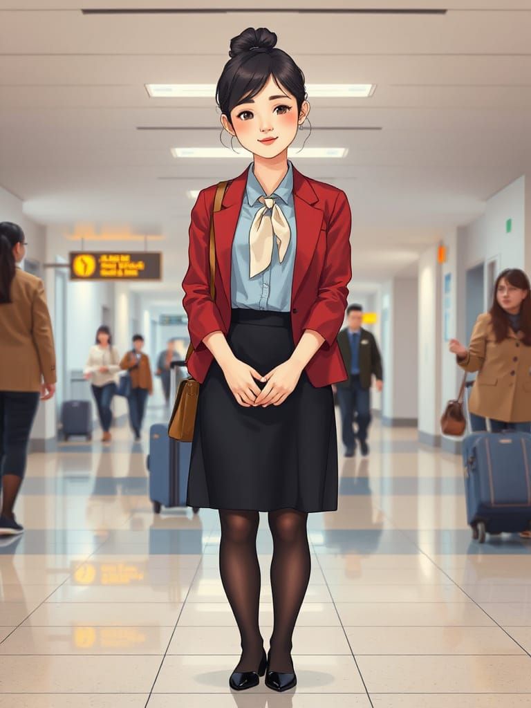 Elegant Asian Female Airport Ground Staff in Realistic-Kawai...