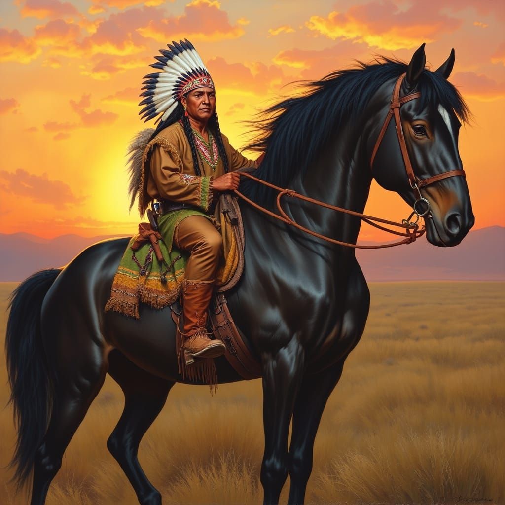 Native Americans Ride into Golden Sunset