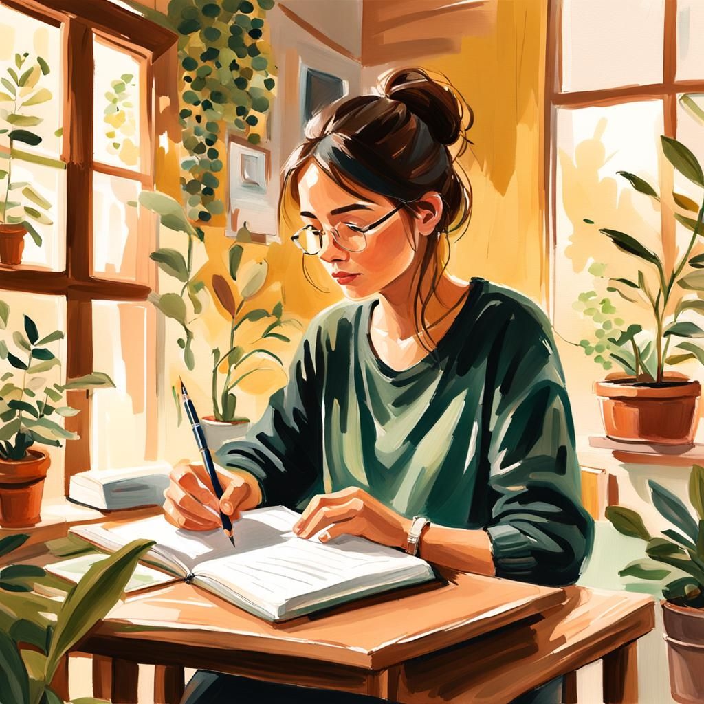Woman Writing in Journal: Realistic Gouache Painting