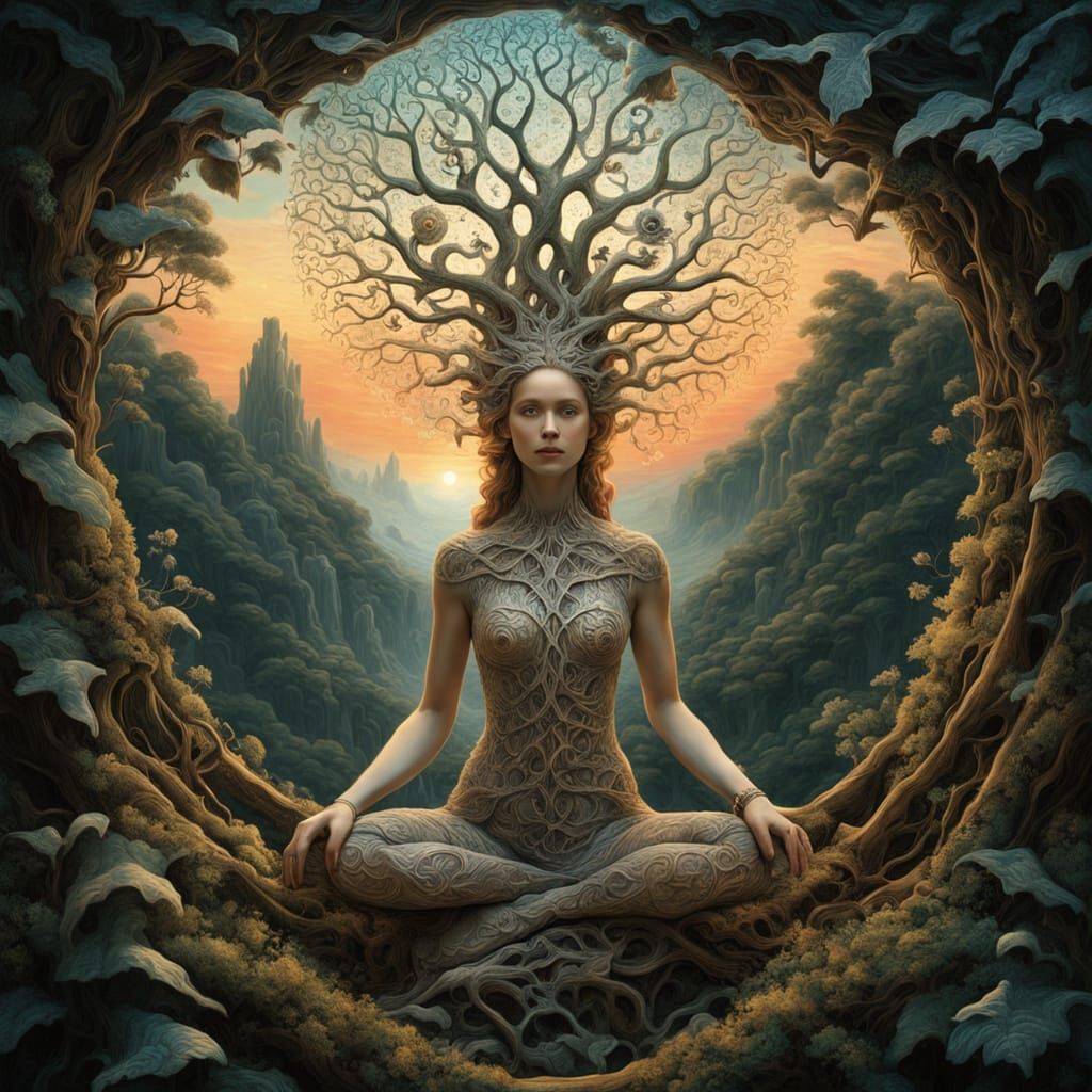 Surrealistic Woman Tree Portal in Mystical Landscape