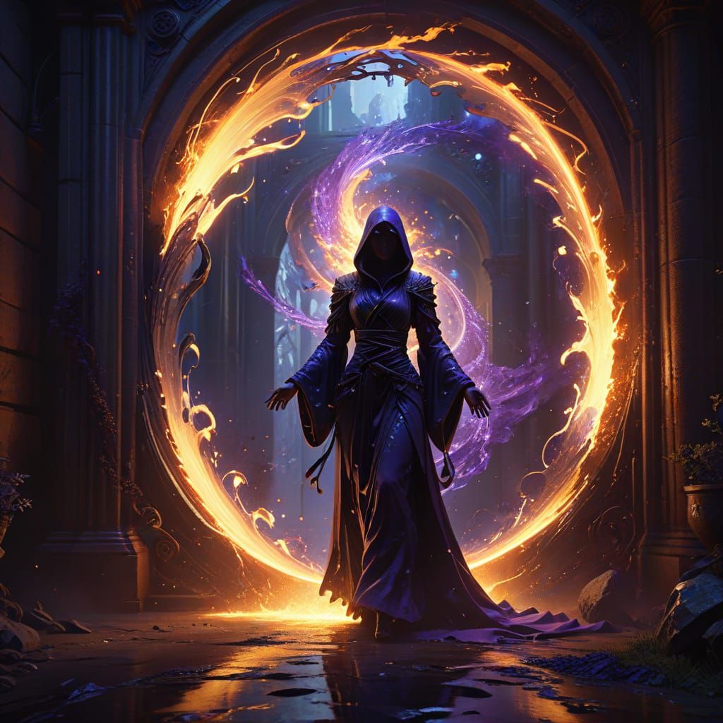 Dark Fantasy Figure Approaches Ethereal Portal in Hyper-Real...