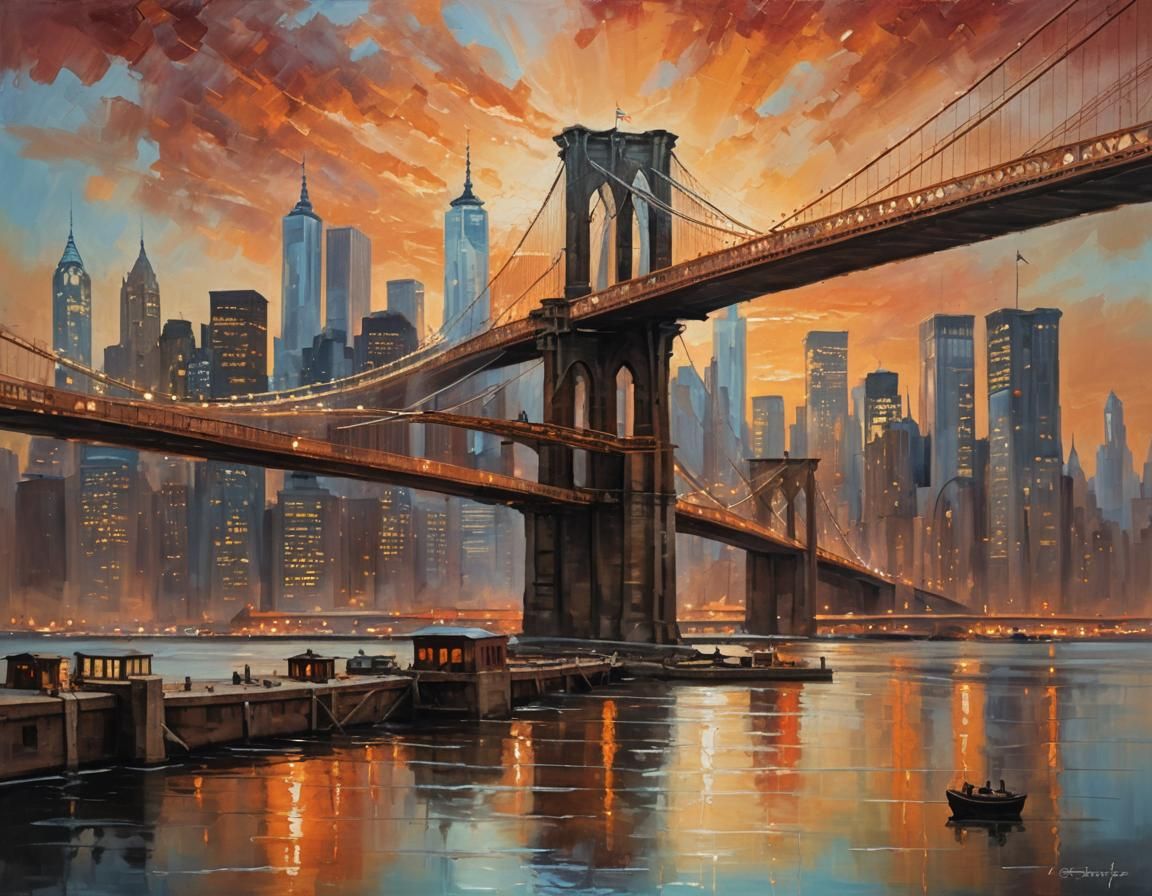 Brooklyn Bridge Sunset: Impressionistic Oil Painting