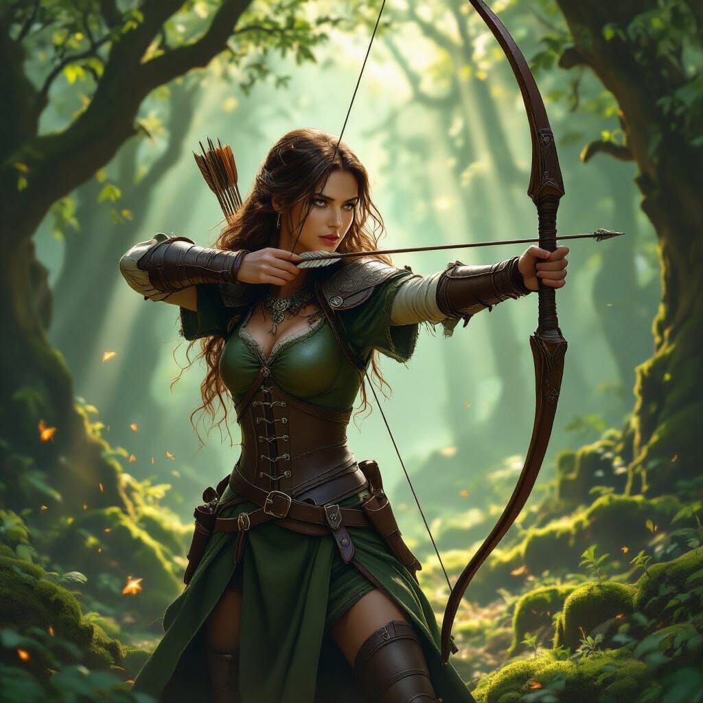Medieval Lady Hunter in Sun-Dappled Forest with Bow