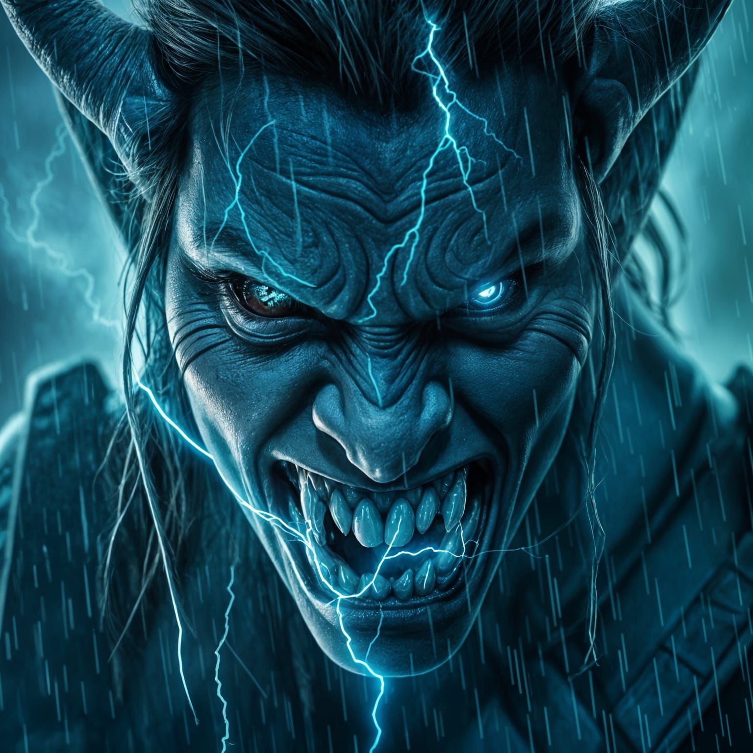 Orc Warrior Portrait with Thunderstorm, Hyperrealistic Rende...
