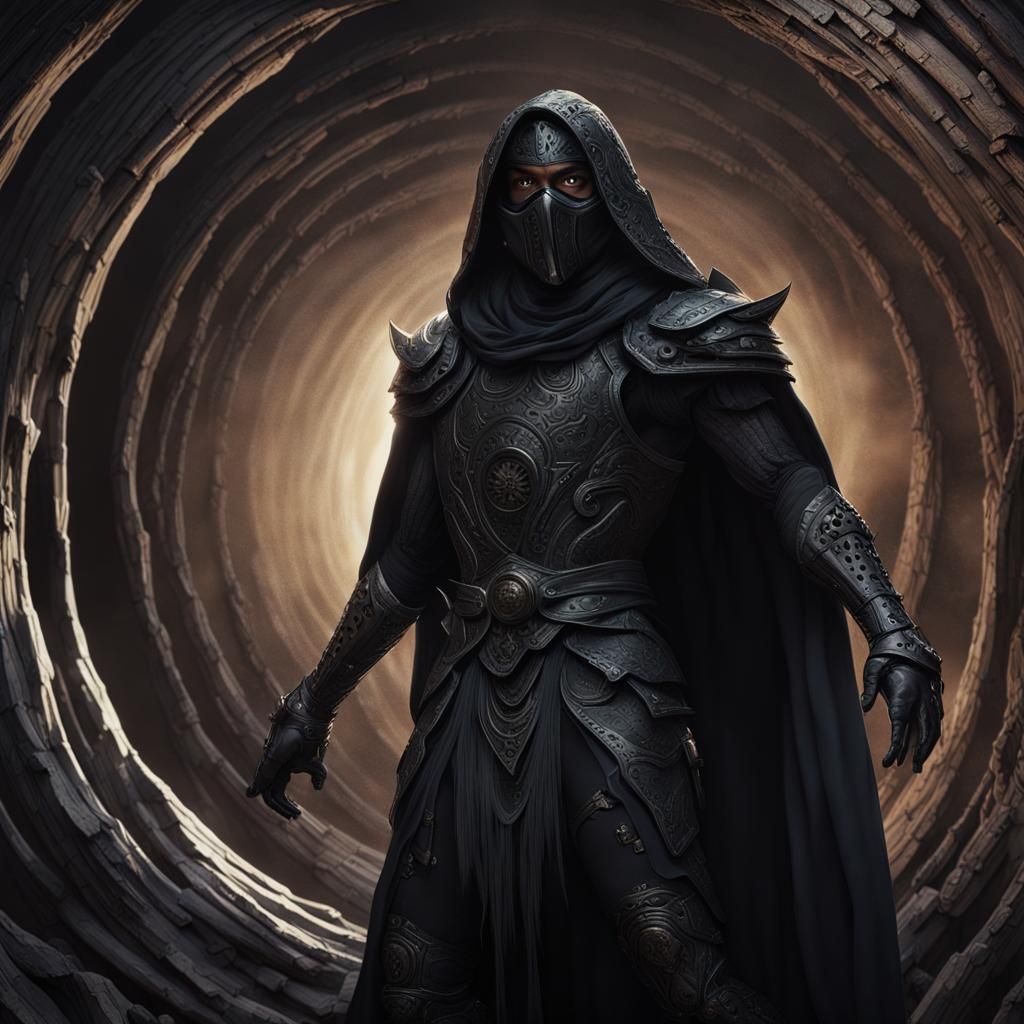 Black Masked Man in Bone Armor Before Black Hole