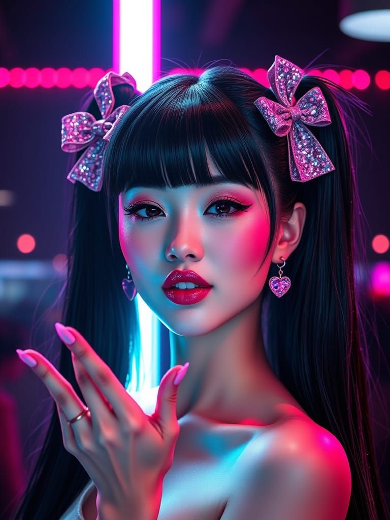 Hyper-Realistic Woman with Double Ponytails and Glittering M...