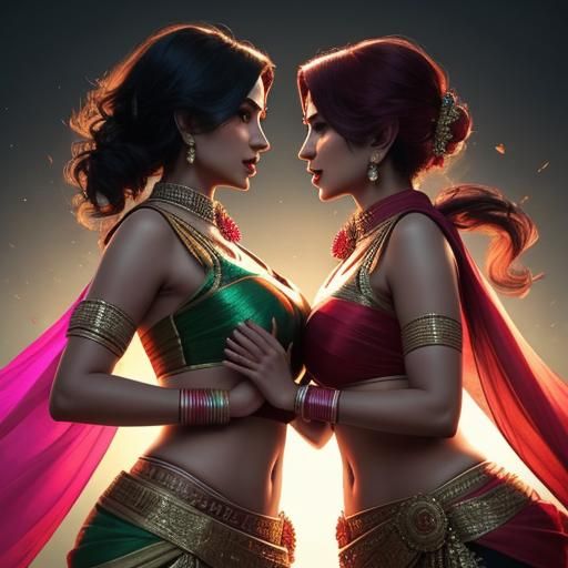 Hyperrealistic Saree Catfight in Splash Art Style