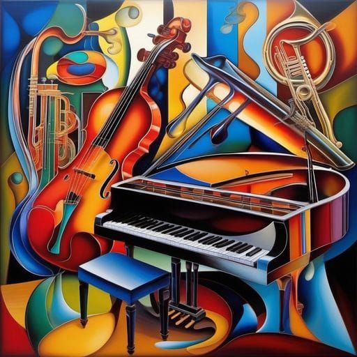 Three dimensional, Brightly colored, Music instruments made of glass, piano, drums, trumpet, guitar"