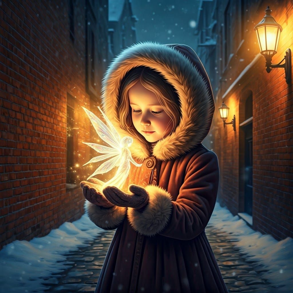 Girl with Sparkling Fairy in Winter Alley