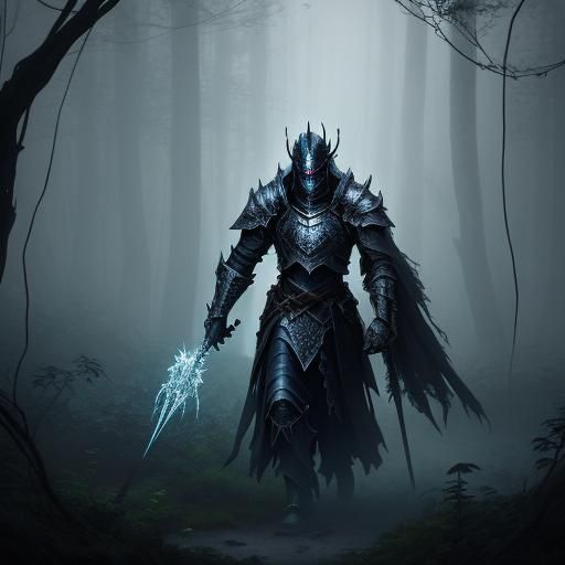 Mystical Black Knight in Ethereal Forest