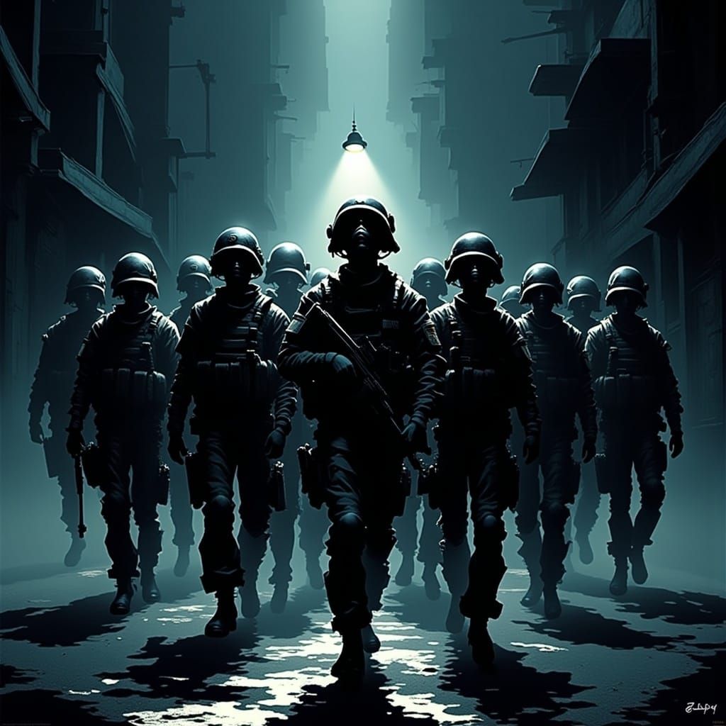 Soldiers Marching in Graphic Novel Style