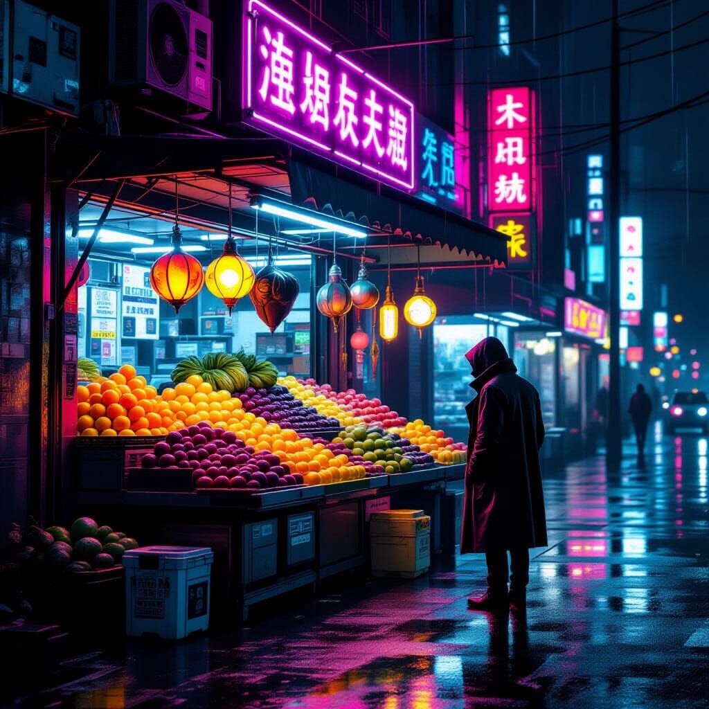 Cyberpunk Stall with Bioluminescent Fruits in Neon Glow