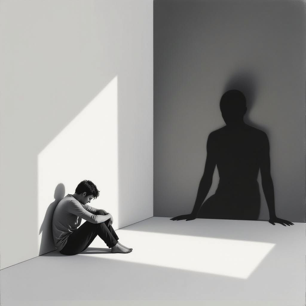 Inside a vast, empty white room, a person sits curled in a f...