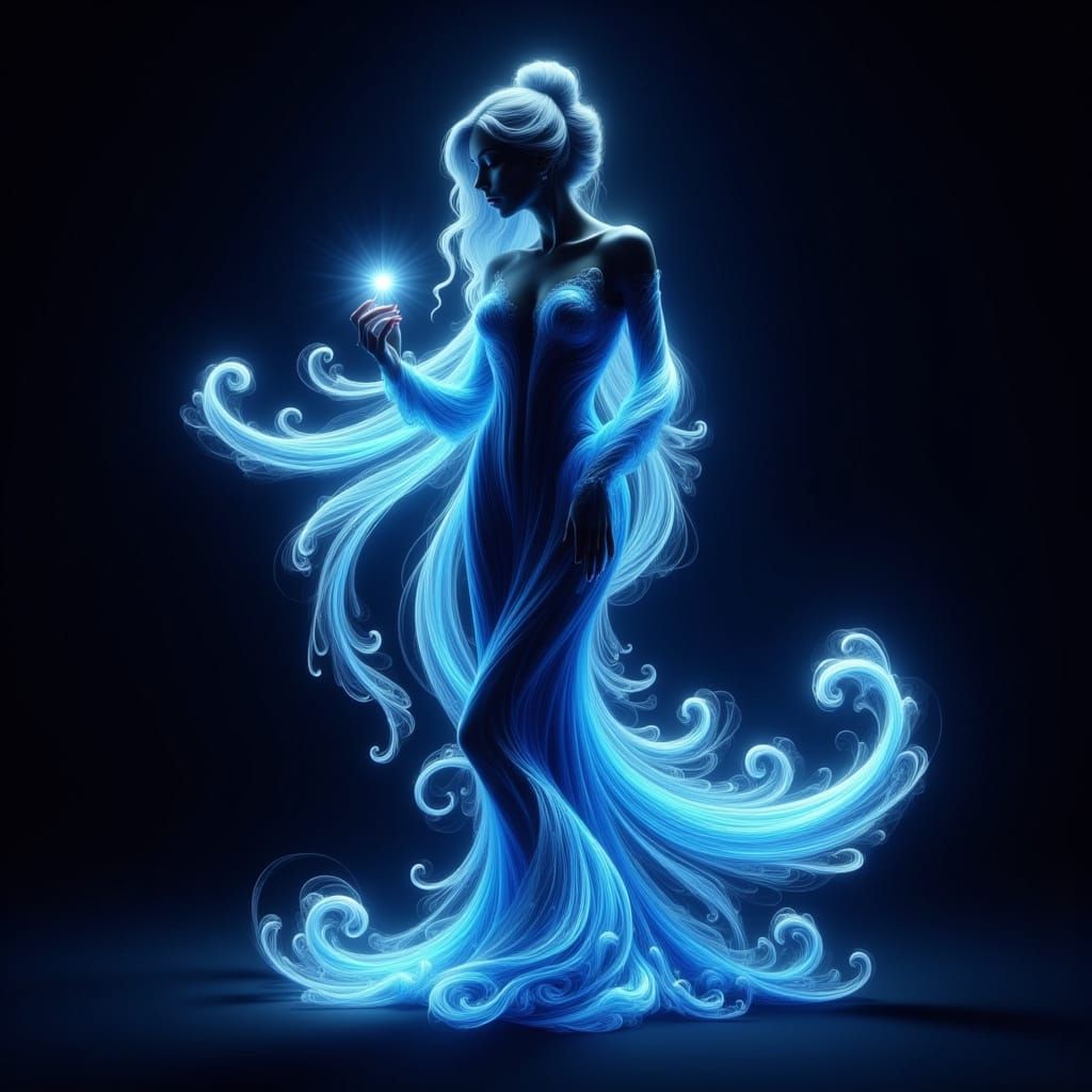 Surreal Blue Light Goddess Silhouette in Dark Ethereal Realm