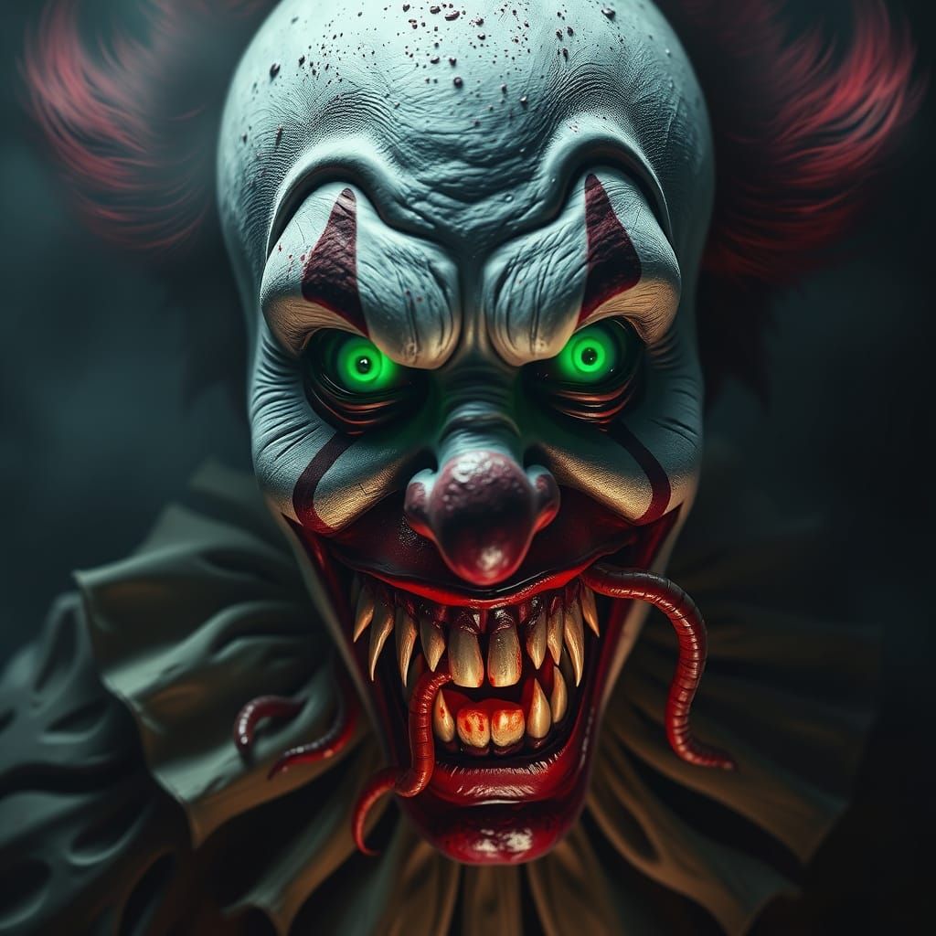 Surreal Gothic Horror Clown with Glowing Green Eyes