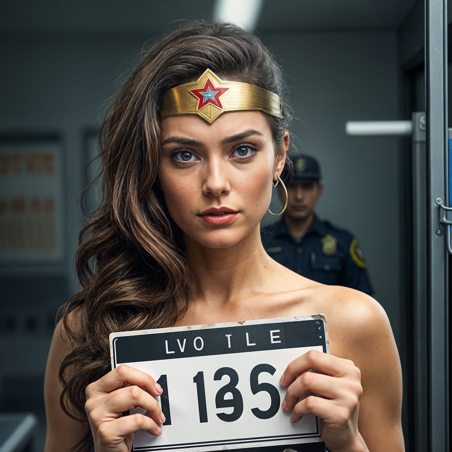 Hyperrealistic Wonder Woman Mugshot at the Police Station