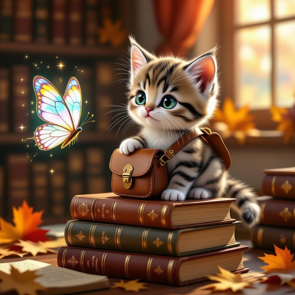 Artisan Kitten with Leather Satchel on Books