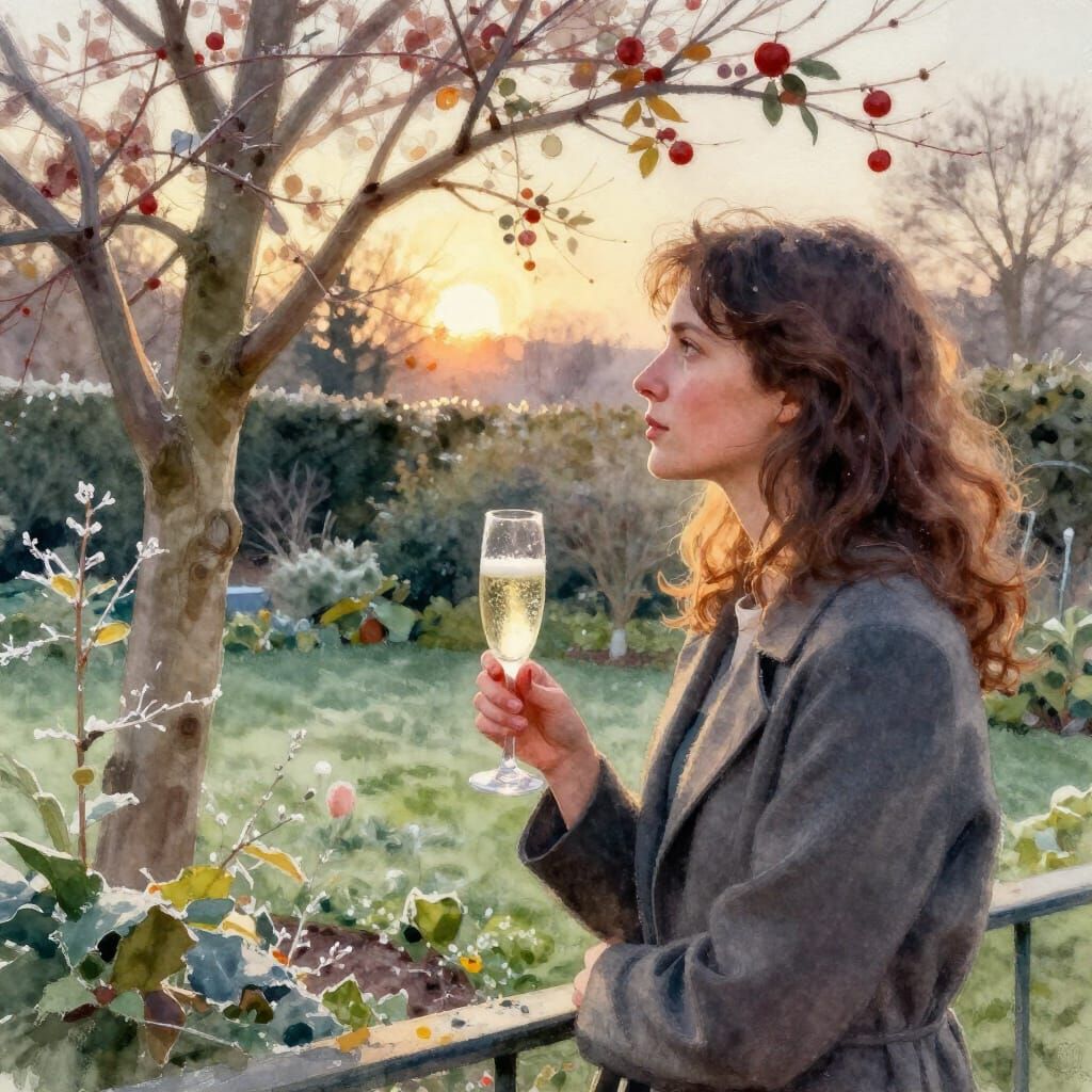 Woman Enjoys Champagne in Frosted Garden at Dusk
