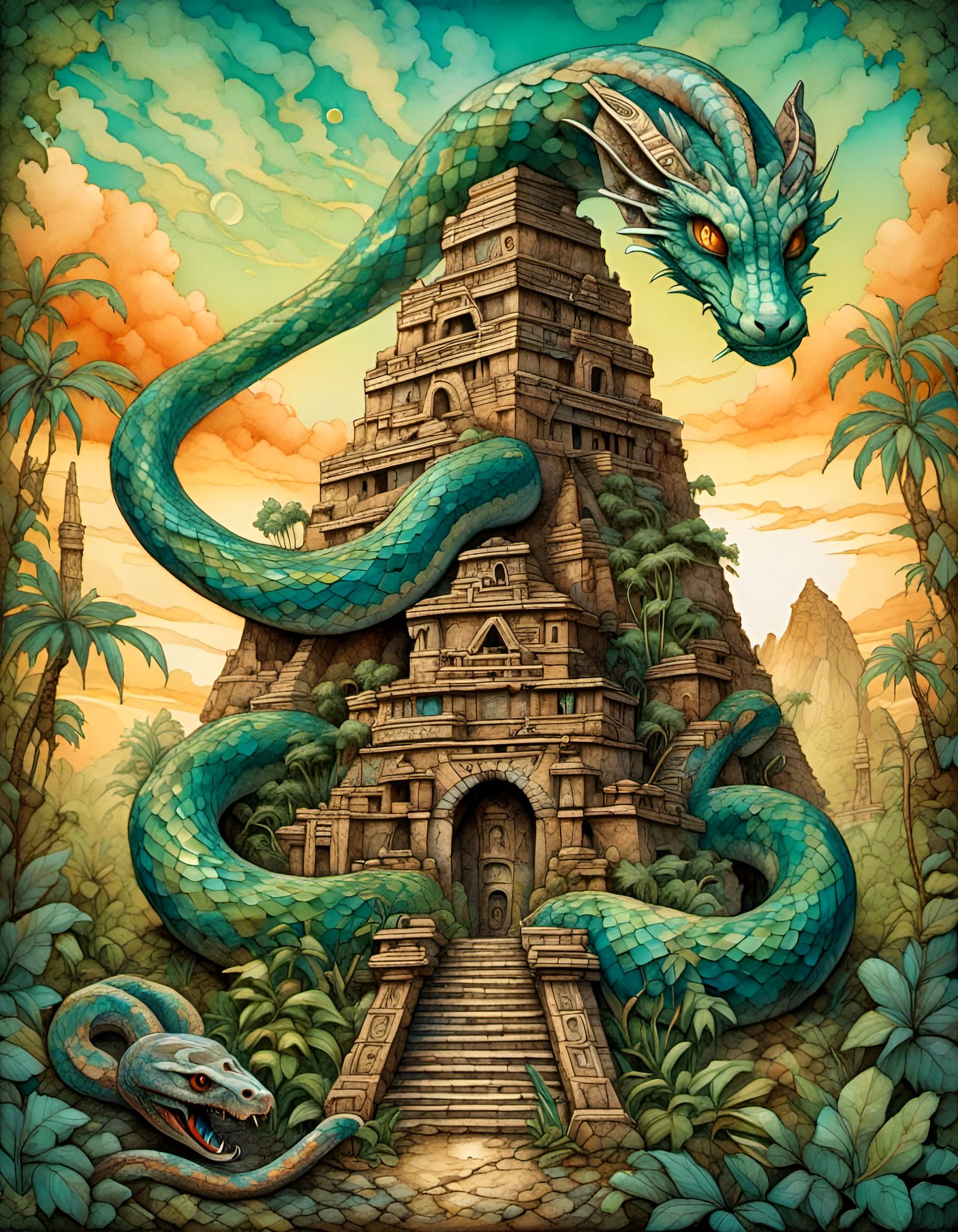 Draconic Serpent Guardian in Alcohol Ink Illustration