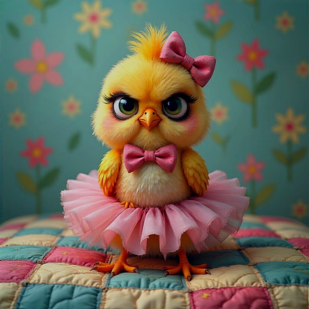 Grumpy Chick in Tutu on Patchwork Quilt