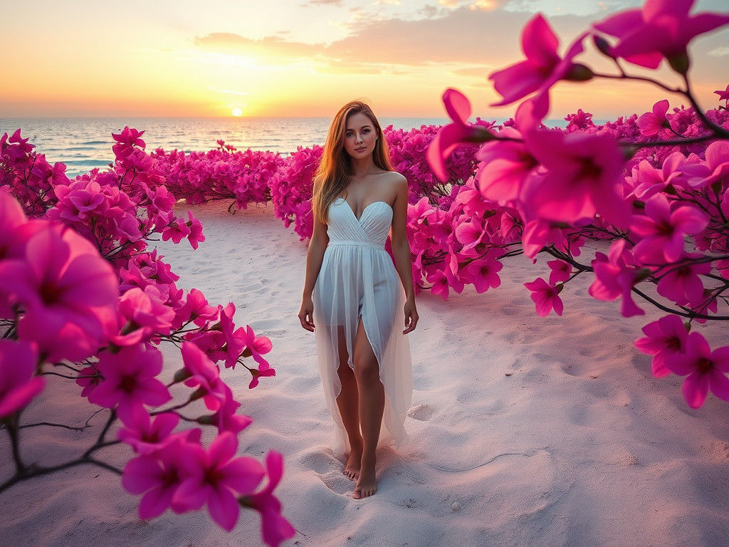 Woman on Beach Surrounded by Pink Flowers