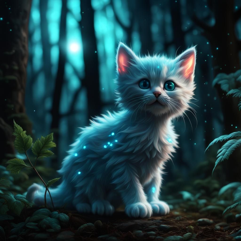 Bioluminescent Kitten in Dark Forest, Hyperrealistic