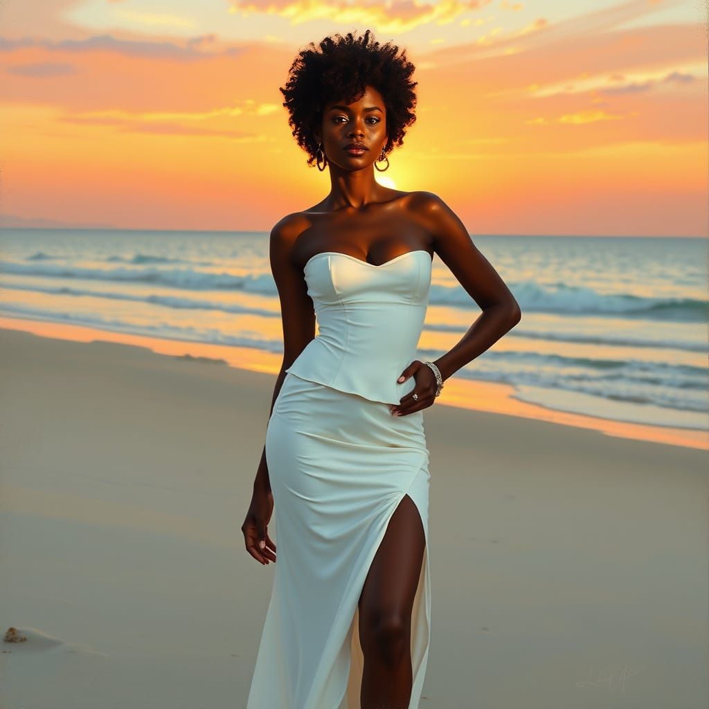 Confident Woman on Beach at Sunset: Impressionistic Style