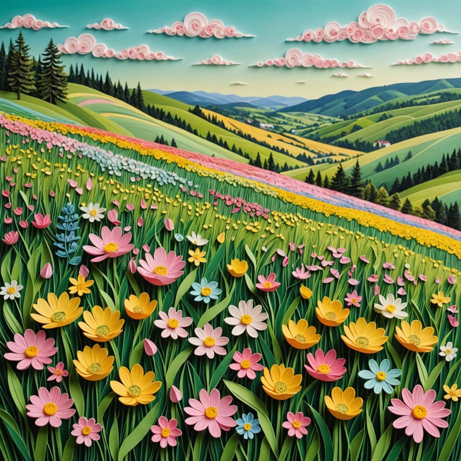 Spring Meadow: A Quilling Collage in Pastel Colors